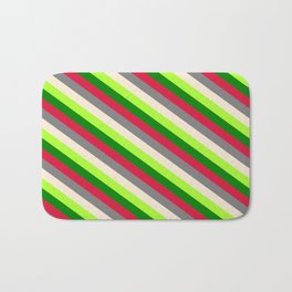 [ Thumbnail: Colorful Gray, Beige, Light Green, Green, and Crimson Colored Stripes Pattern Bath Mat ]
