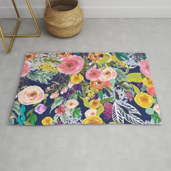 Autumn Blooms Colorful Painted Floral Print // Navy Rug by The Artwerks ...