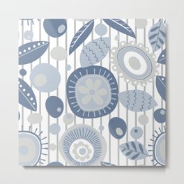 Modern Abstract Flowers in Farmhouse Denim Blue and Gray Metal Print