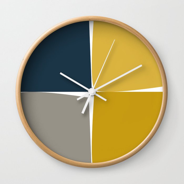 Flux Minimalist Midcentury Modern Check Grid Pattern in Mustard Ochre Navy Blue Gray White Wall Clock