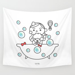 The little girl take a bath. Wall Tapestry