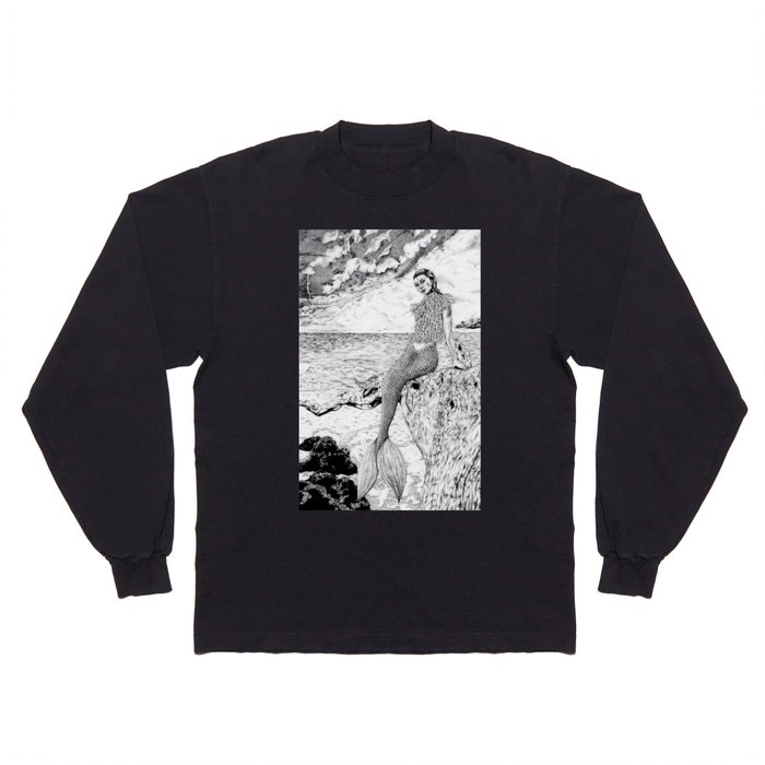 Mermaid in a Storm Stippling Ink Drawing Long Sleeve T Shirt