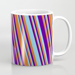 [ Thumbnail: Chocolate, Indigo & Sky Blue Colored Stripes Pattern Coffee Mug ]