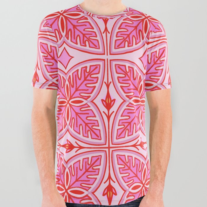 Pink Tropical Vibe Leaves All Over Graphic Tee