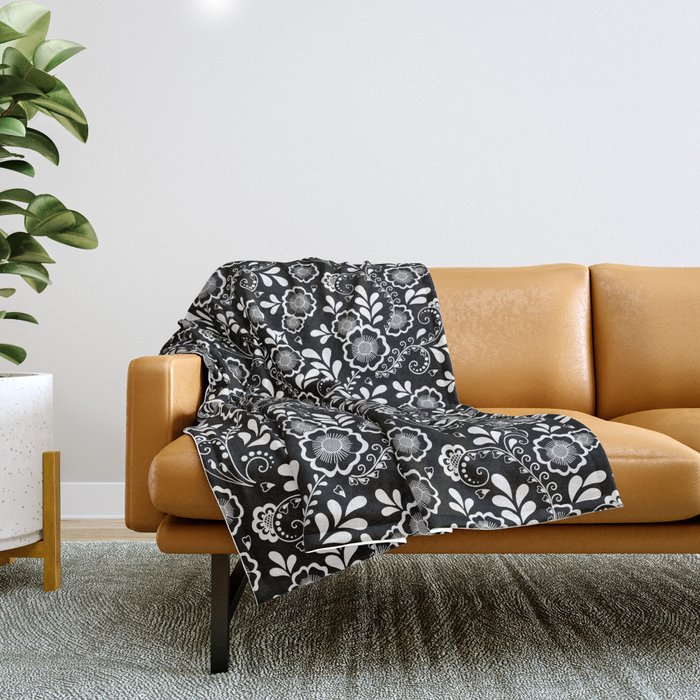 Black And White Eastern Floral Pattern Throw Blanket