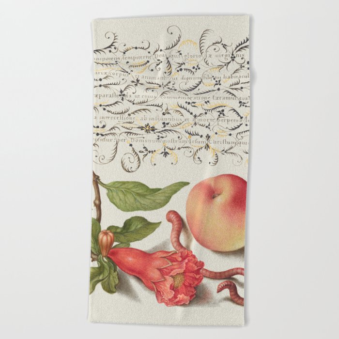 Vintage calligraphic art with flowers and peach Beach Towel