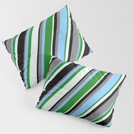 [ Thumbnail: Gray, Light Sky Blue, Forest Green, Mint Cream & Black Colored Striped Pattern Pillow Sham ]