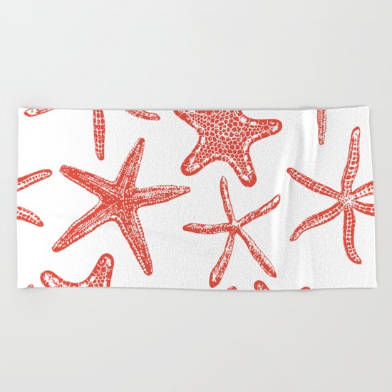 Sea stars hand drawn pattern in red Beach Towel