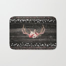 Glam Boho Chic Floral Antlers & Rustic Wood Bath Mat | Anemone, Farmhouse, Country, Glamour, Flowers, Silver, Graphicdesign, Barn, Digital, Trendy 