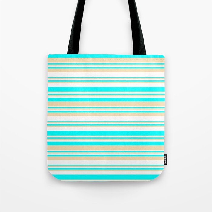 White, Aqua & Tan Colored Striped/Lined Pattern Tote Bag