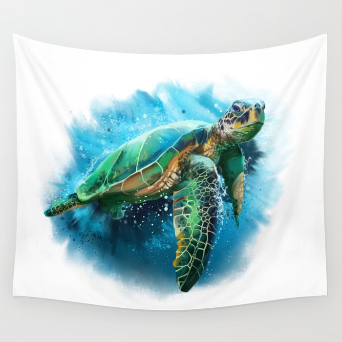 Blue Abstract Watercolor Sea Turtle on White 3 Minimalist Coastal Art - Coast - Sea - Beach - Shore Wall Tapestry