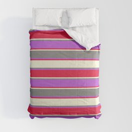 [ Thumbnail: Crimson, Beige, Grey, and Orchid Colored Lines Pattern Comforter ]