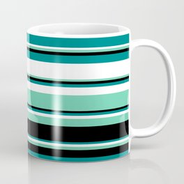 [ Thumbnail: Teal, White, Aquamarine & Black Colored Lined Pattern Coffee Mug ]