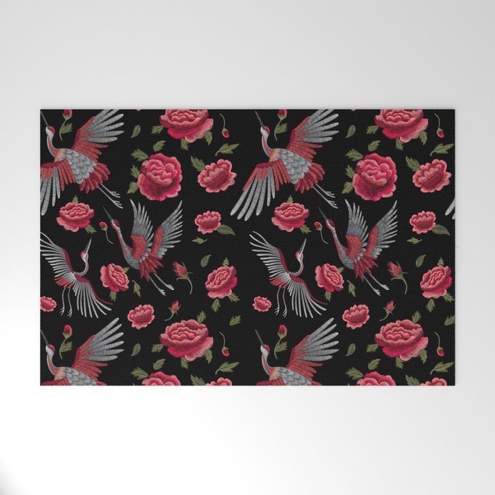 Embroidered Crane Birds & Roses Welcome Mat