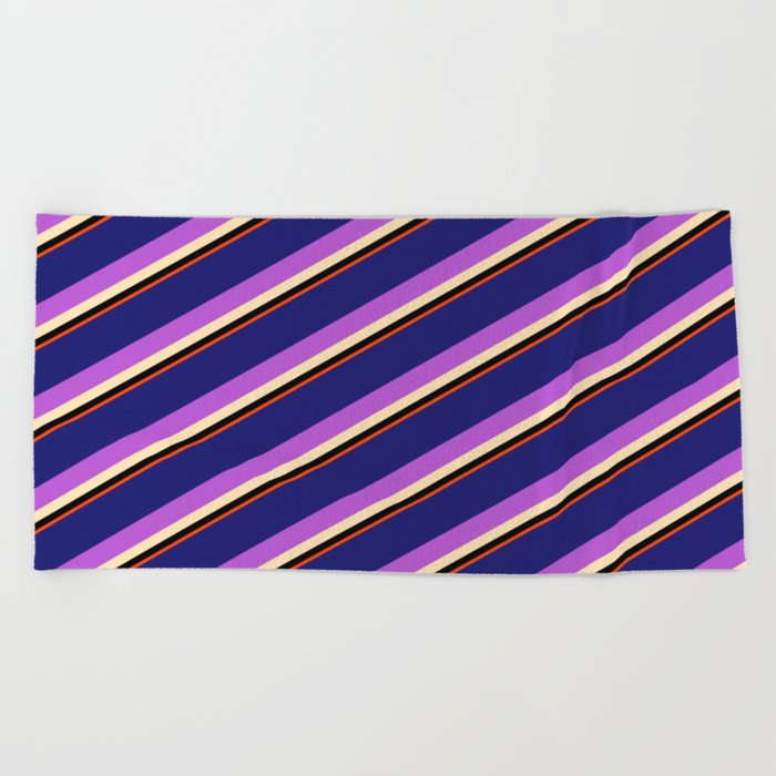 Vibrant Midnight Blue, Orchid, Beige, Black, and Red Colored Striped/Lined Pattern Beach Towel