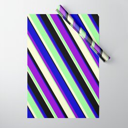[ Thumbnail: Vibrant Dark Violet, Green, Light Yellow, Black & Blue Colored Lines Pattern Wrapping Paper ]