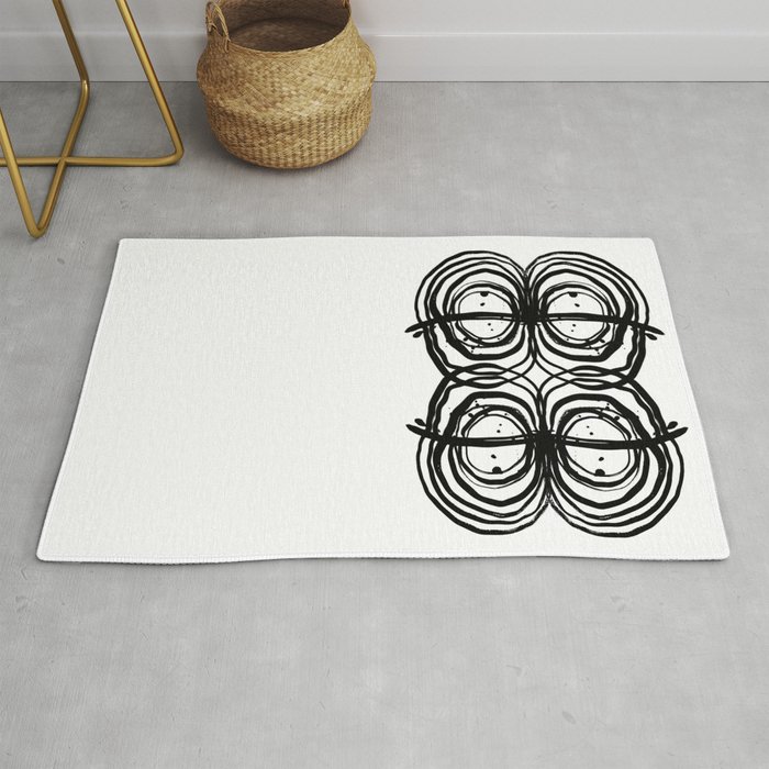 Abstract brushstrokes india ink free sprit boho painting swirl circle enso bullseye black and white Rug