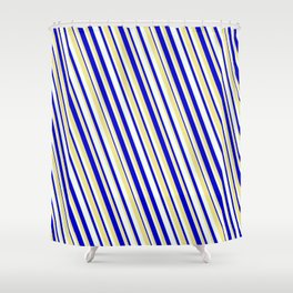[ Thumbnail: Blue, Tan & Mint Cream Colored Lined Pattern Shower Curtain ]