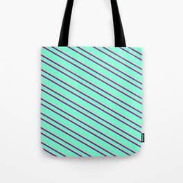 [ Thumbnail: Aquamarine, Brown, and Dark Violet Colored Pattern of Stripes Tote Bag ]