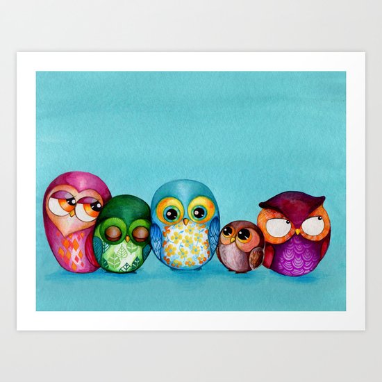 Fabric Owl Family Art Print
