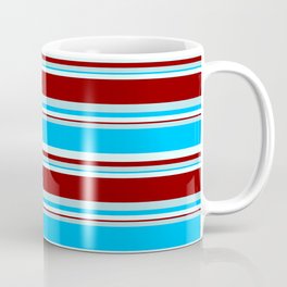 [ Thumbnail: Powder Blue, Deep Sky Blue, Light Cyan & Dark Red Colored Stripes Pattern Coffee Mug ]