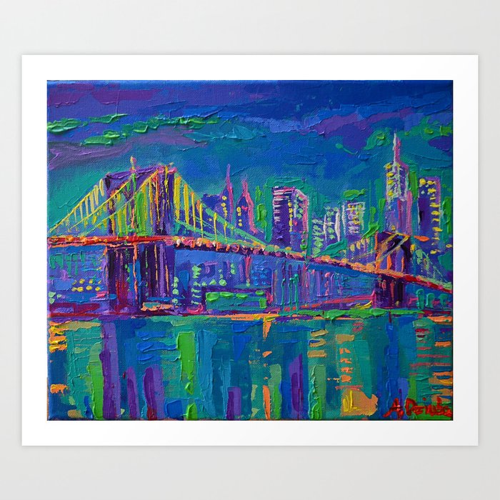 New York City Night Lights Palette Knife Painting Urban Brooklyn
