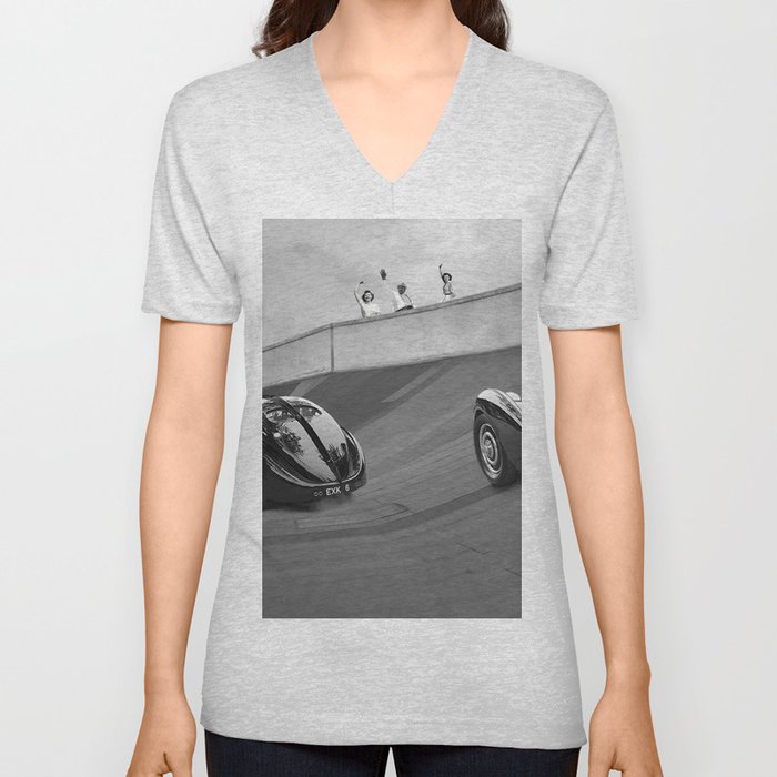 Vintage Italian race car test track with antique Bugatti's racing black and white photograph / photography   V Neck T Shirt