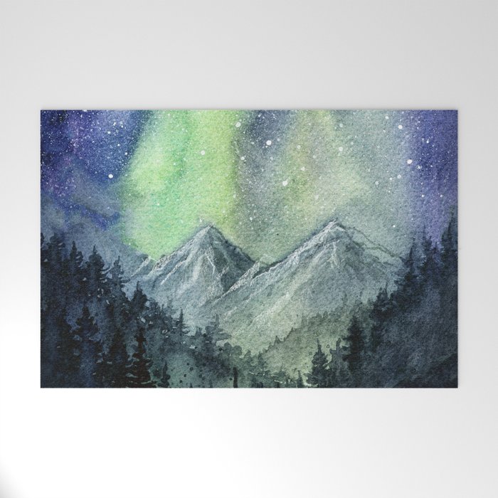Northern Lights Magic Mountains Welcome Mat By Olechka Society6