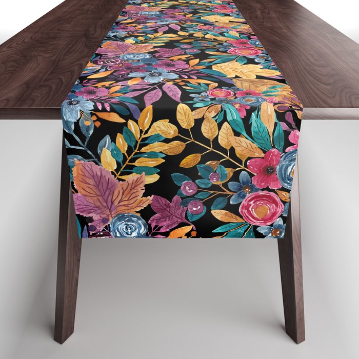 Mixed Fall Floral Leaves Berry Watercolor Pattern Table Runner