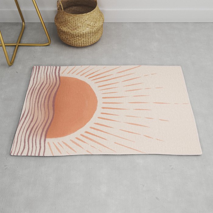 Mid Century Modern Sun print Ocean landscape Terracotta Minimal Boho Rug