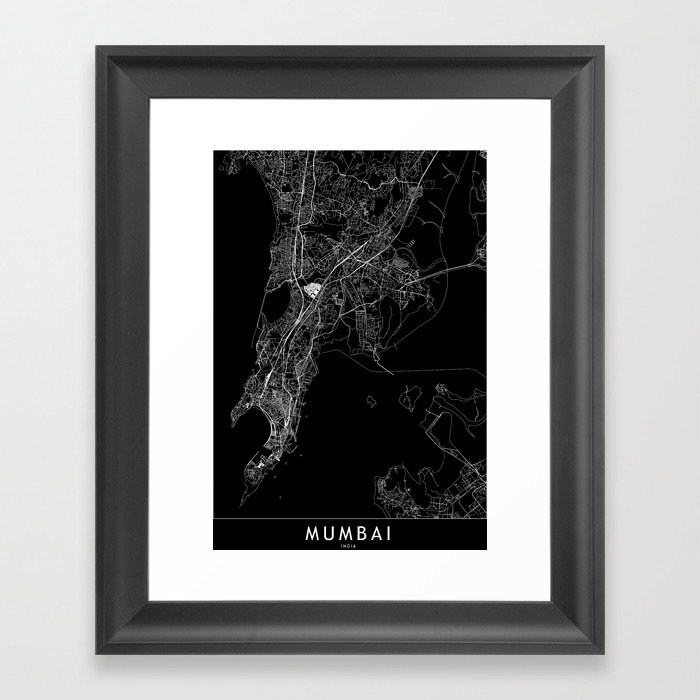 Mumbai Black Map Framed Art Print