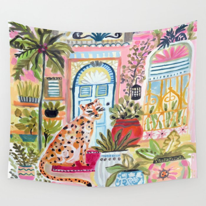 Cheetah in the City Pink Wall Tapestry