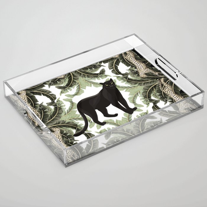 Vintage banana tree floral, cheetah running, panther animal geometric pattern white background. Exotic tropical scarf.  Acrylic Tray