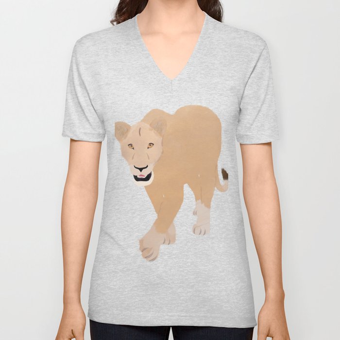 Watercolor Stalking Lioness with Mouth Open V Neck T Shirt