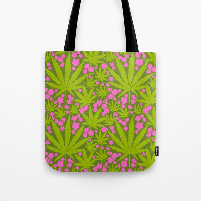 Bright Green And Hot Pink Cannabis Leaves And Flowers Retro Modern Botanical Scandi Floral Pattern Tote Bag