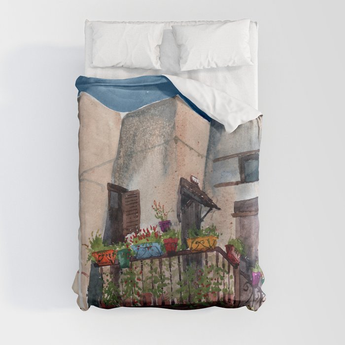 Herbs and blossom on Rhodian balcony Duvet Cover