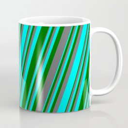 [ Thumbnail: Aqua, Dark Green & Dim Grey Colored Lines/Stripes Pattern Coffee Mug ]