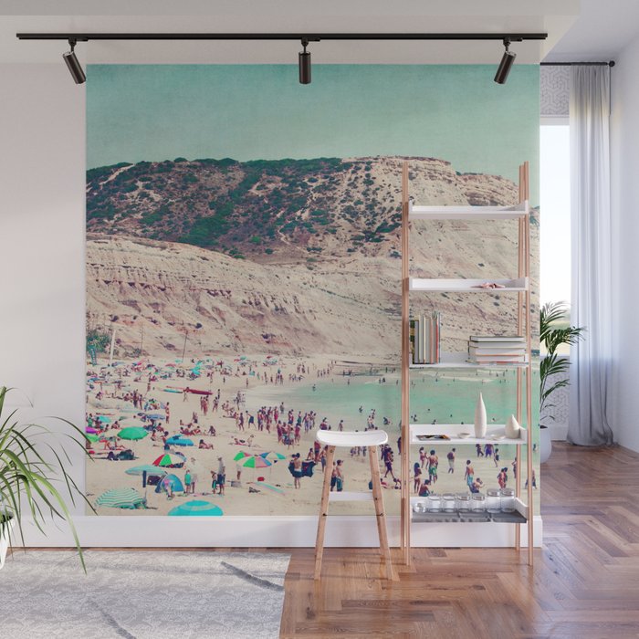 Beach Print - Aerial Crowded Beach -Mountains - Aqua Ocean - Sea Travel photography Wall Mural