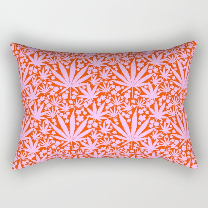 Pastel Pink Cannabis Leaves And Flowers On Cherry Red Retro Modern 70’s Botanical Flower Pattern Rectangular Pillow
