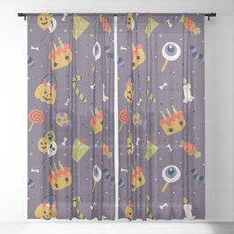 Seamless Pattern with Cartoon Halloween on Purple Background Sheer Curtain