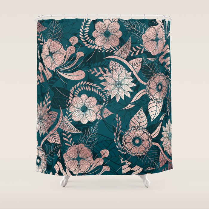 Artsy Modern Rose Gold Emerald Green Flowers Shower Curtain By