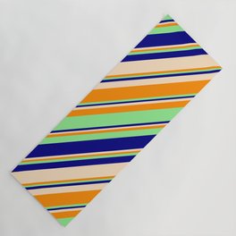 [ Thumbnail: Light Green, Blue, Bisque, and Dark Orange Colored Stripes/Lines Pattern Yoga Mat ]