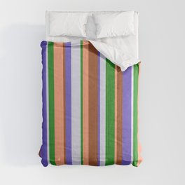 [ Thumbnail: Vibrant Light Salmon, Sienna, Slate Blue, Lavender, and Forest Green Colored Stripes/Lines Pattern Comforter ]