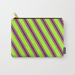 [ Thumbnail: Light Green and Purple Colored Lines/Stripes Pattern Carry-All Pouch ]