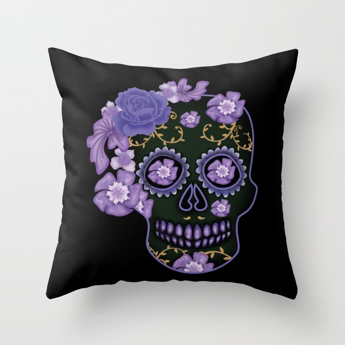 Purple Floral Sugar Skull Muertos Day Of Dead Throw Pillow