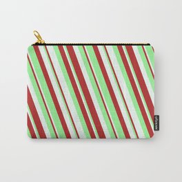 [ Thumbnail: Mint Cream, Red & Green Colored Lined Pattern Carry-All Pouch ]