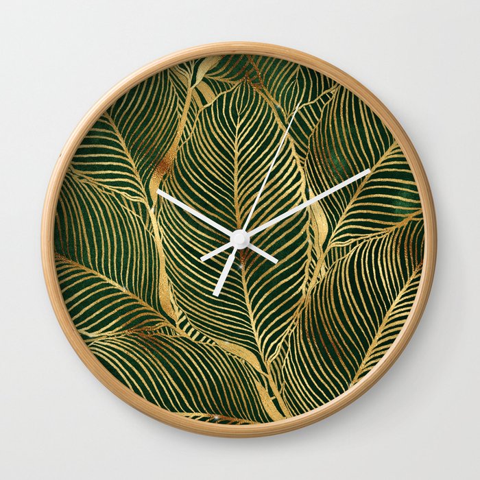 Gold Leaves Forest Green Elegant Pattern Wall Clock