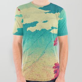 The New Year in Hisseii - Autumn Tree & Mountain by the Ocean Ukiyoe Nature Landscape in Red & Blue All Over Graphic Tee