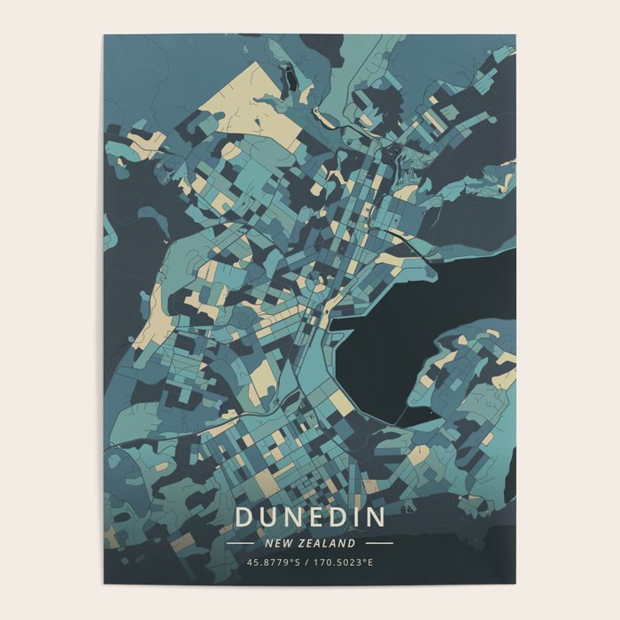 Dunedin, New Zealand Cream Blue Poster by Designer Map Art Society6