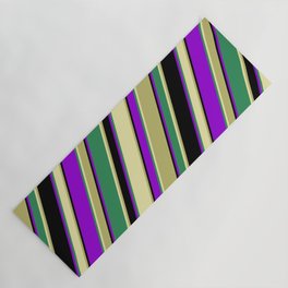 [ Thumbnail: Colorful Sea Green, Pale Goldenrod, Dark Khaki, Black & Dark Violet Colored Lined Pattern Yoga Mat ]
